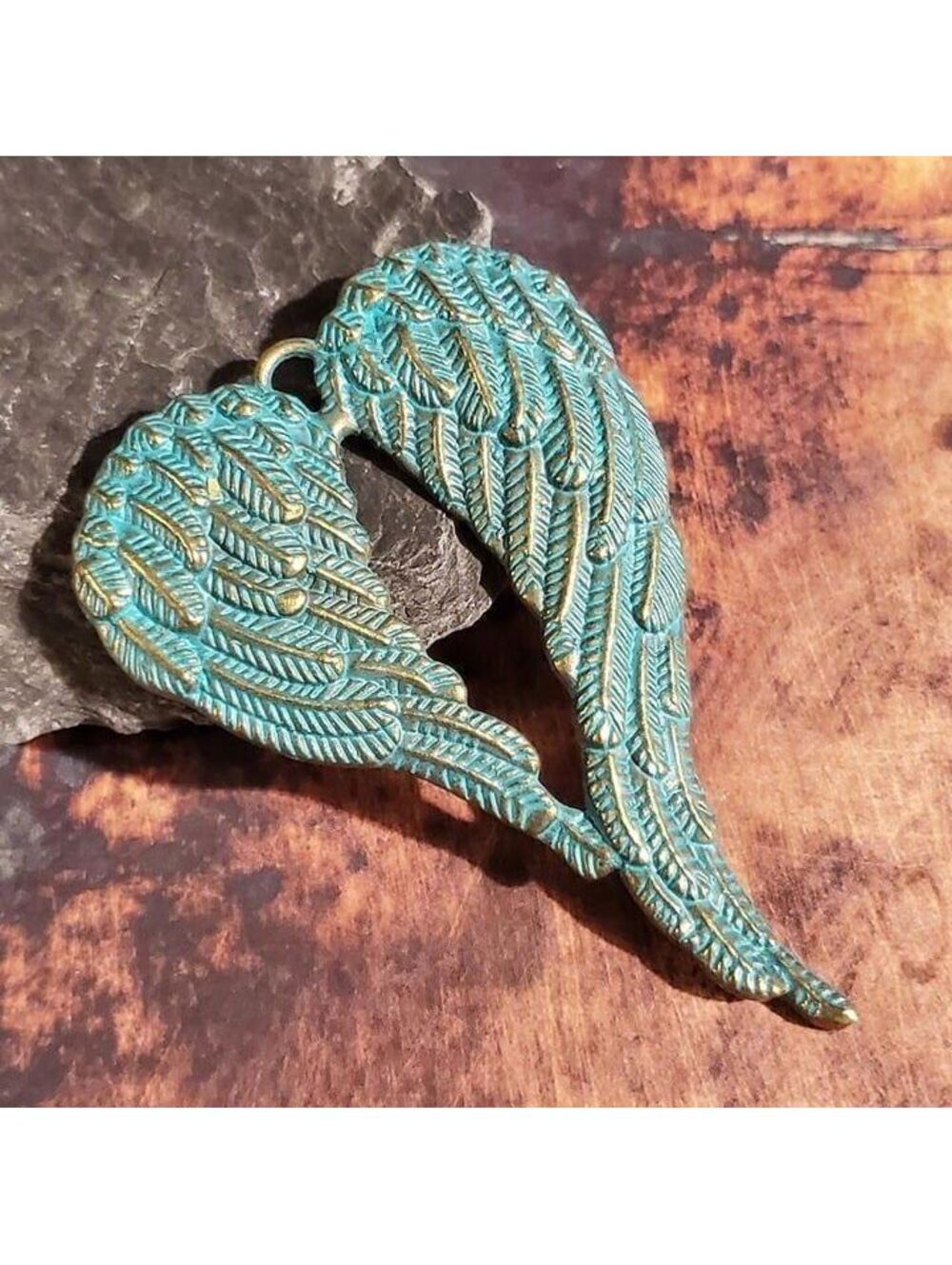 Rustic Verdigris Patina Blue Green Bronze Angel Wings Open Heart 69x47mm Pendant